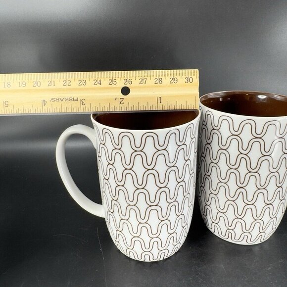 1970s FITZ & FLOYD FISHNET COFFEE MUG CUP BROWN WHITE HANDLED MUG SET 2 Pcs - Picture 4 of 13